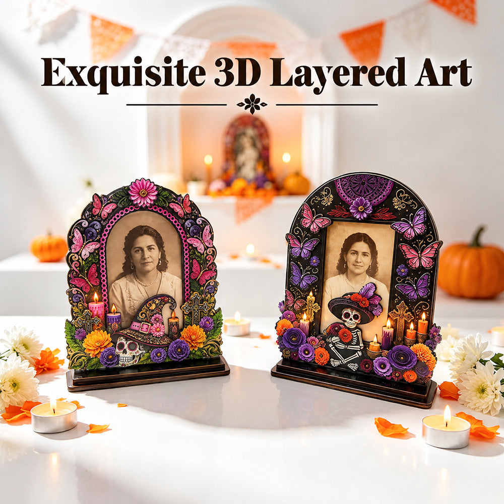 💀Day of the Dead Wooden Photo Frame - 3D Layered Altar Decoration & Gothic Memorial Gift for Loved Ones
