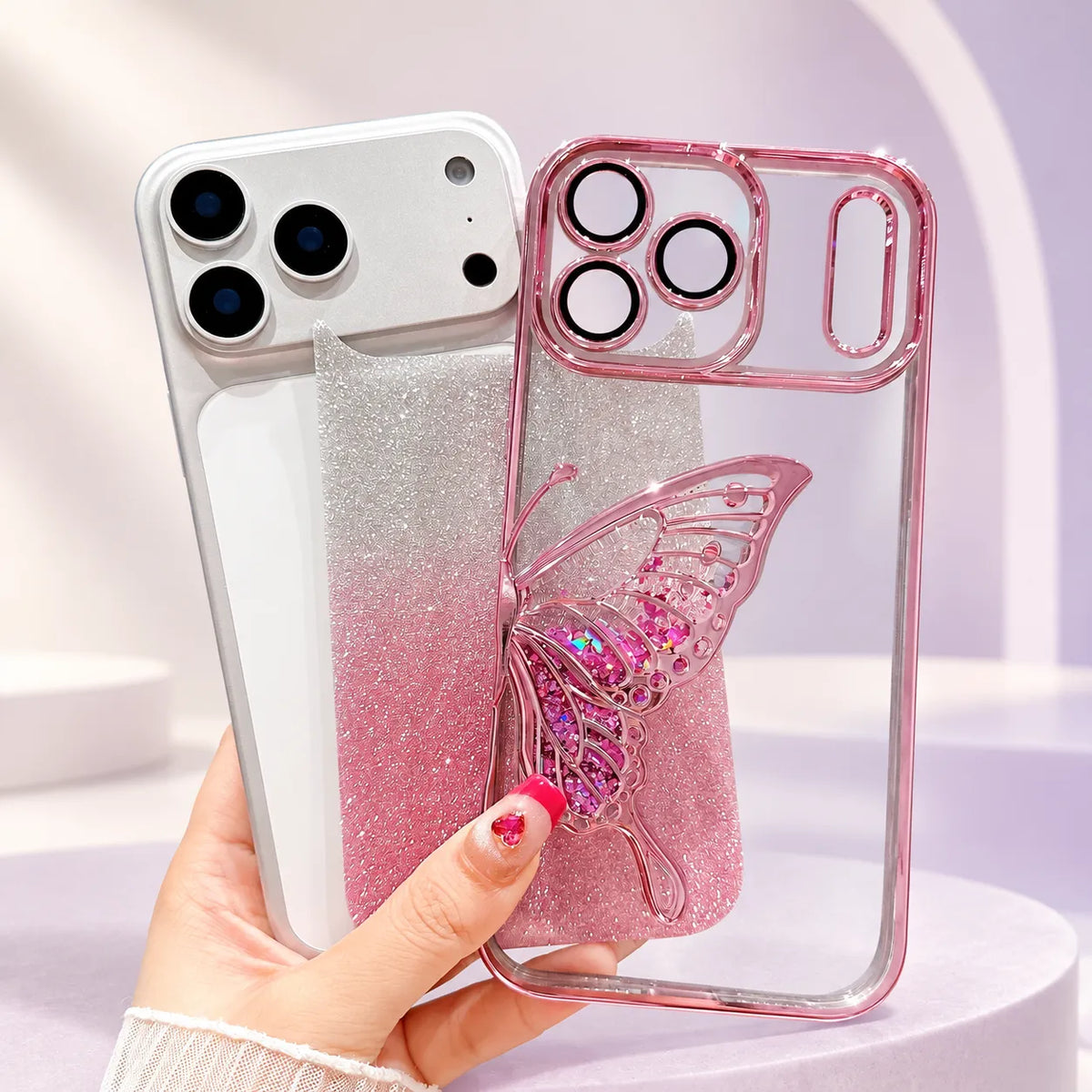 iPhone 18/17/16/15/14/13/12 3D Butterfly Glitter Case with Electroplated Shiny TPU Design