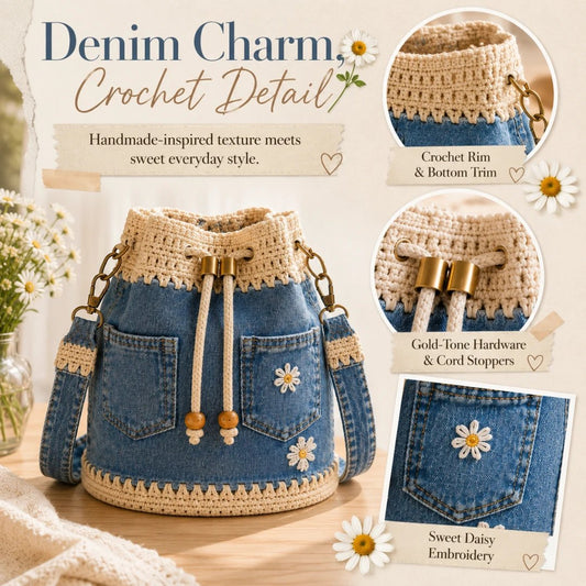 🔥Hot Sale! 50% Off!✨👜Handmade Crochet Denim Bucket Bag
