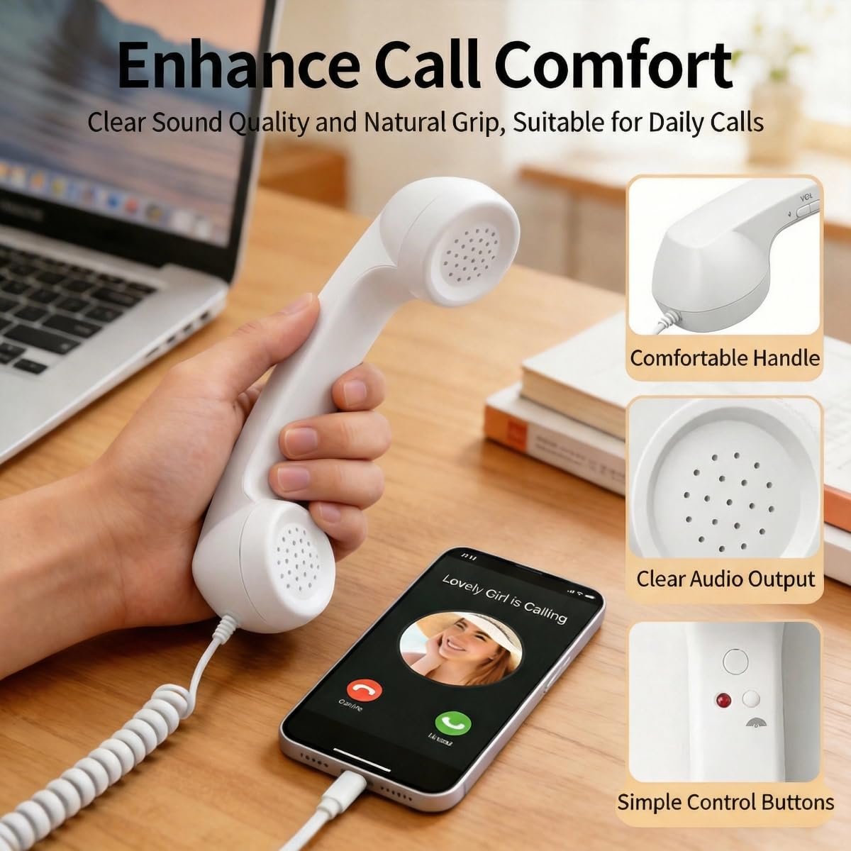 Retro Phone Handset for iPhone & Android | Vintage Type-C Wired Phone Receiver with Mic & Volume Control