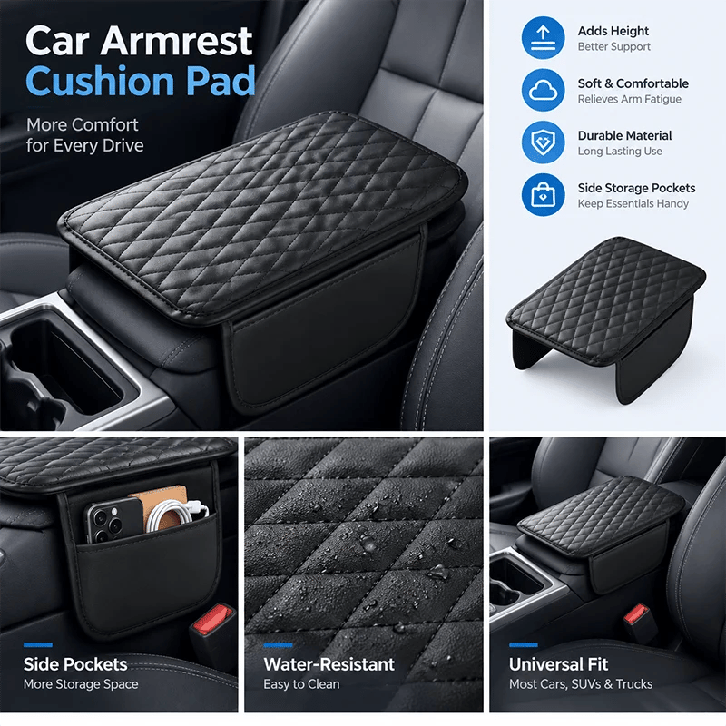 Multifunctional Car Armrest Cushion – Padded Console Cover with Built-In Storage
