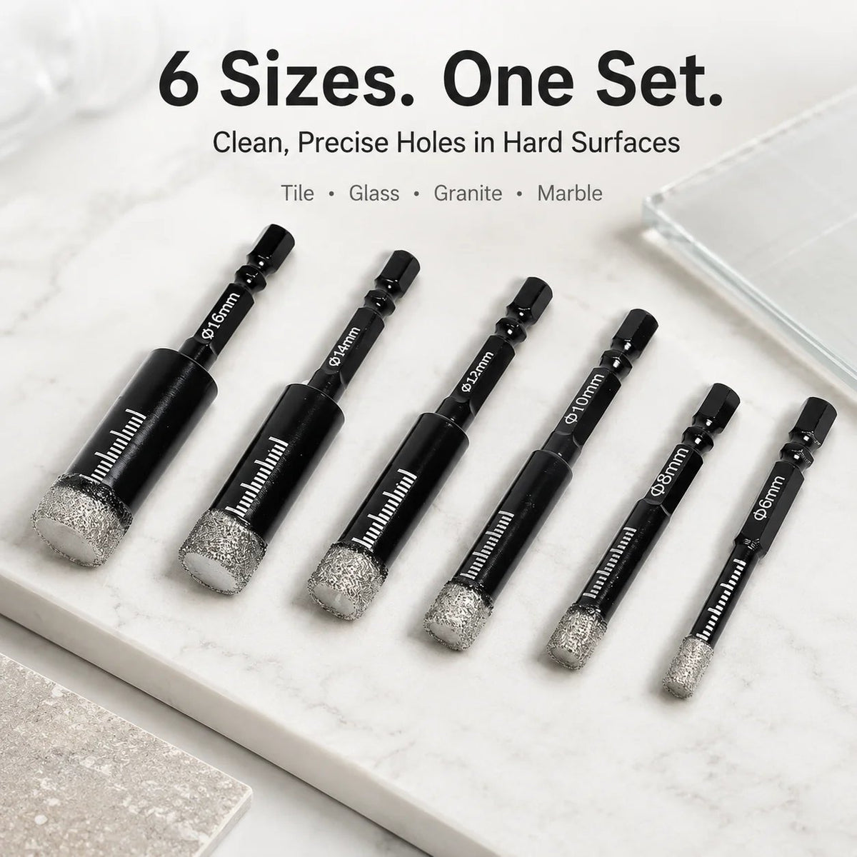 6 PCS Diamond Drill Bits Set, 1/4 5/6 3/8 1/2 Inch Brazed Diamond Drill Bits for Precision Drilling in Tile Ceramic Glass Granite Marble Masonry
