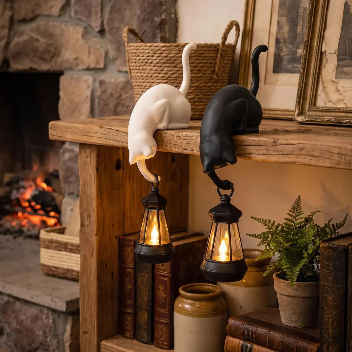 🐈‍Cute cat figurine for the bookshelf with LED light - Cute decoration for the bookshelf and practical key hook