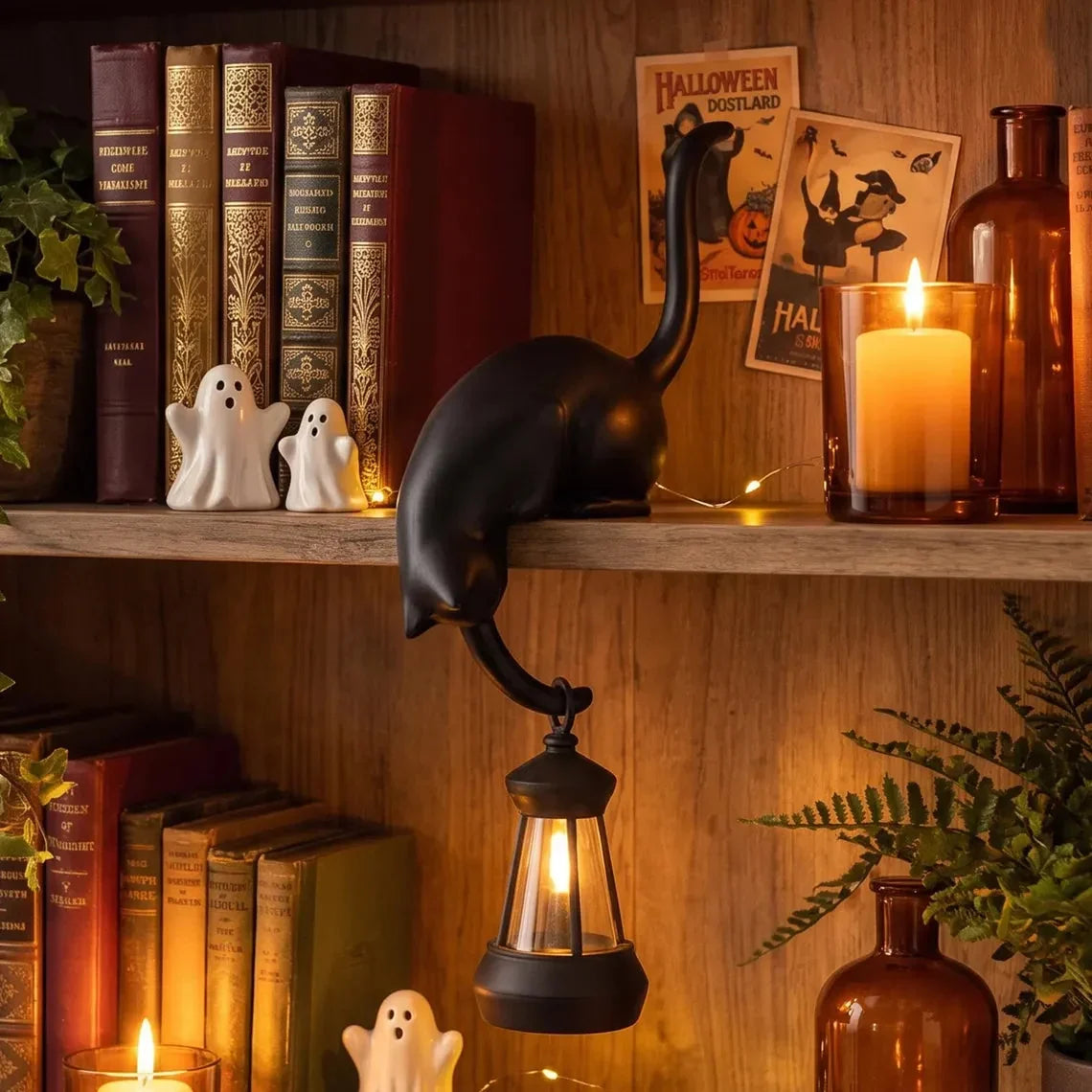 🐈‍Cute cat figurine for the bookshelf with LED light - Cute decoration for the bookshelf and practical key hook