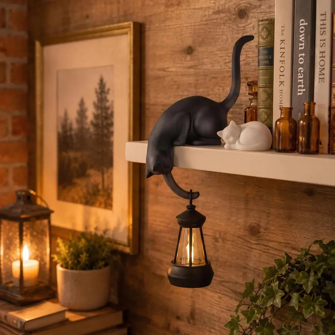 🐈‍Cute cat figurine for the bookshelf with LED light - Cute decoration for the bookshelf and practical key hook