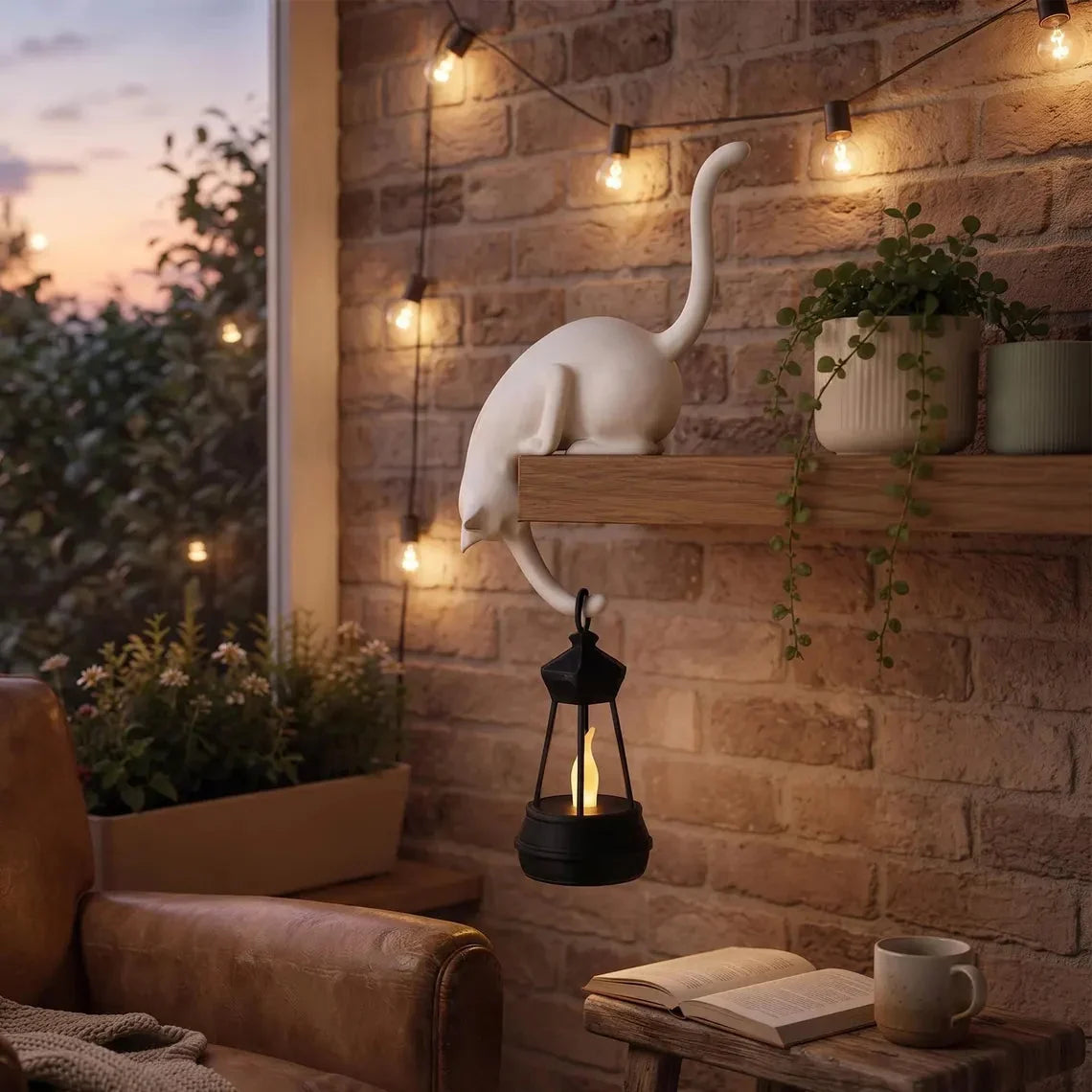 🐈‍Cute cat figurine for the bookshelf with LED light - Cute decoration for the bookshelf and practical key hook