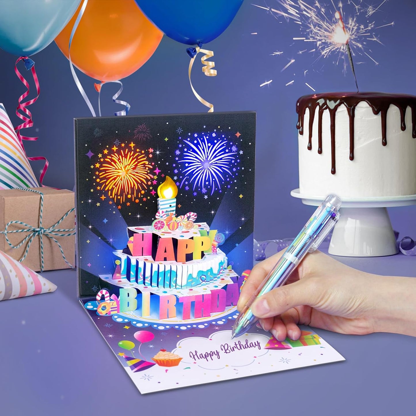 🎂Birthday Cards With Fireworks & Pop Up Cake & Blowable Light and Music