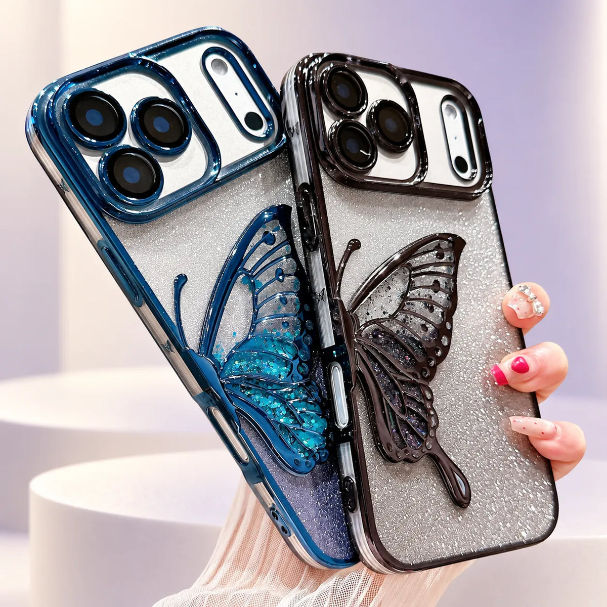 iPhone 18/17/16/15/14/13/12 3D Butterfly Glitter Case with Electroplated Shiny TPU Design