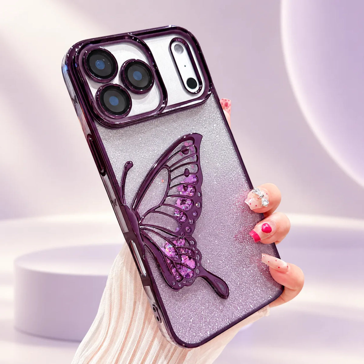 iPhone 18/17/16/15/14/13/12 3D Butterfly Glitter Case with Electroplated Shiny TPU Design