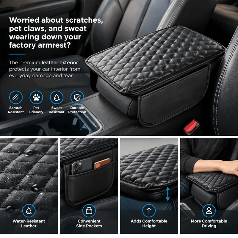Multifunctional Car Armrest Cushion – Padded Console Cover with Built-In Storage