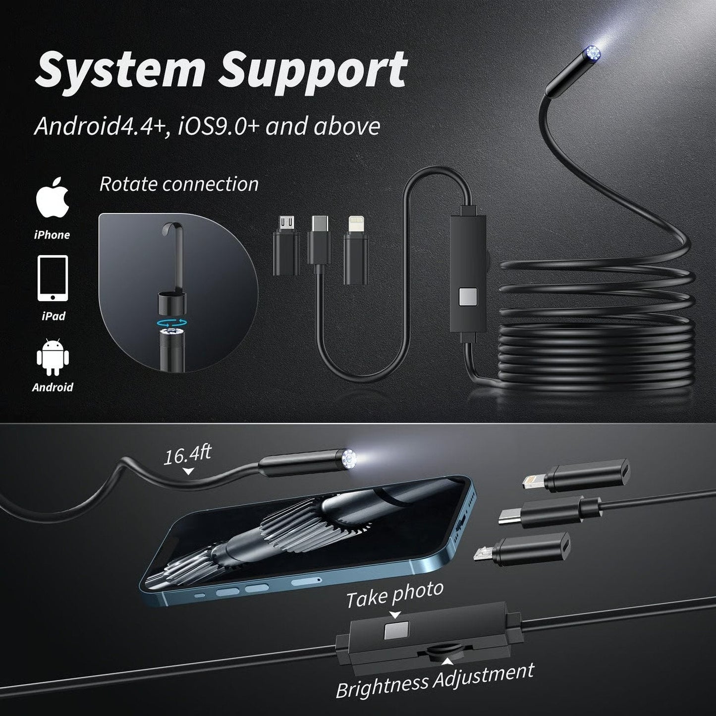 🔎Plug-and-Play endoscope camera – Compatible with Android, iPhone and iPad for direct connection