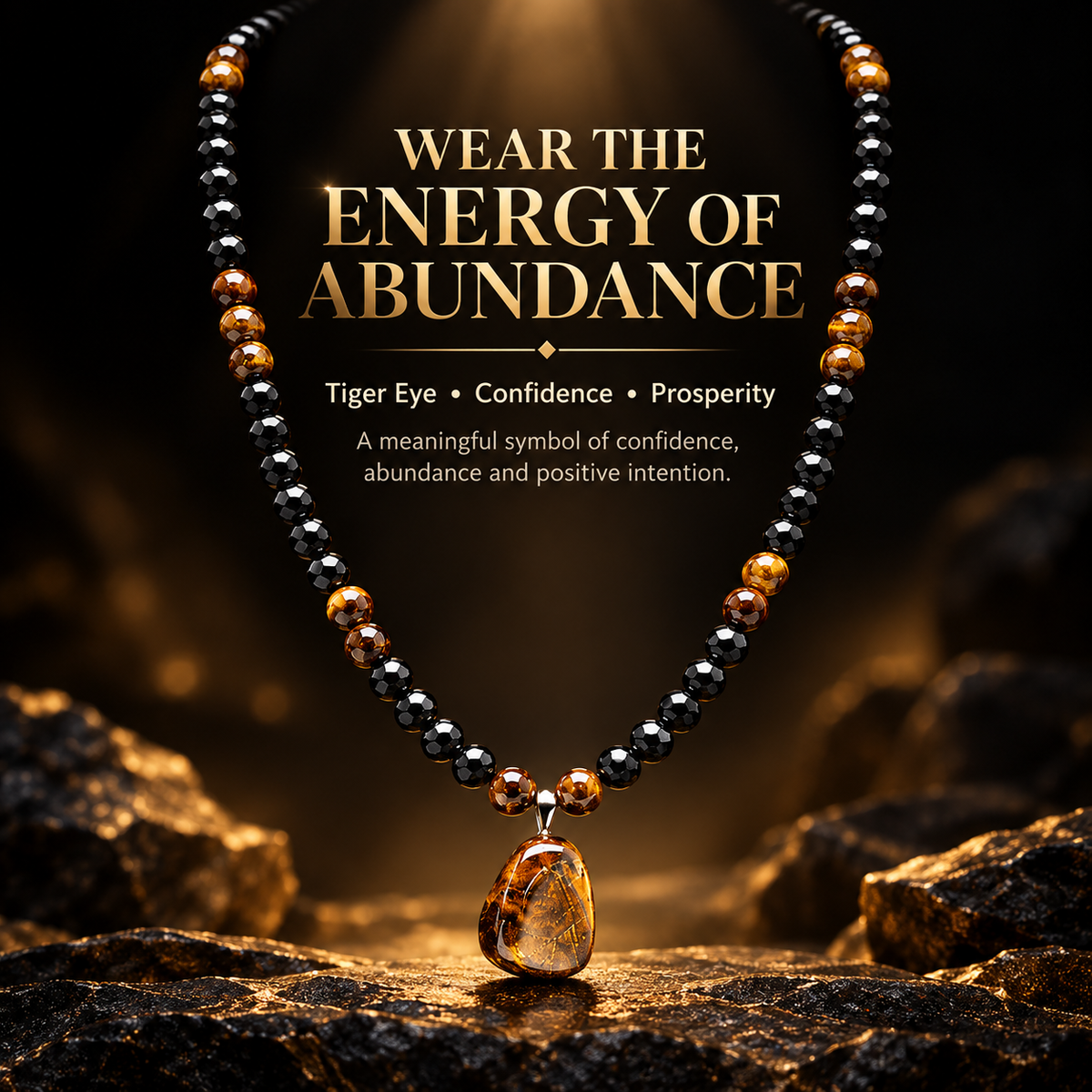 🐅🖤Tiger Eye & Black Bead Pendant Necklace