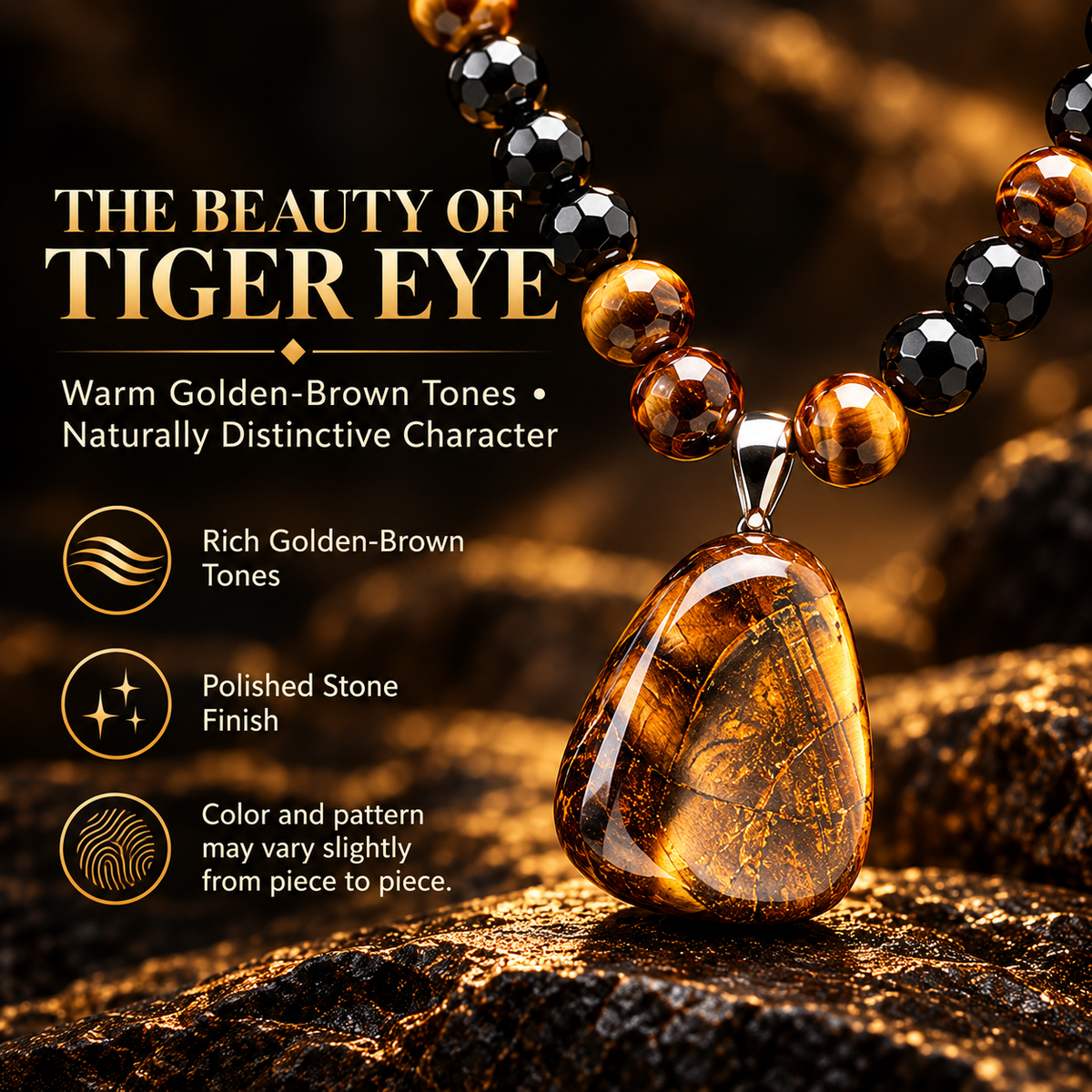 🐅🖤Tiger Eye & Black Bead Pendant Necklace