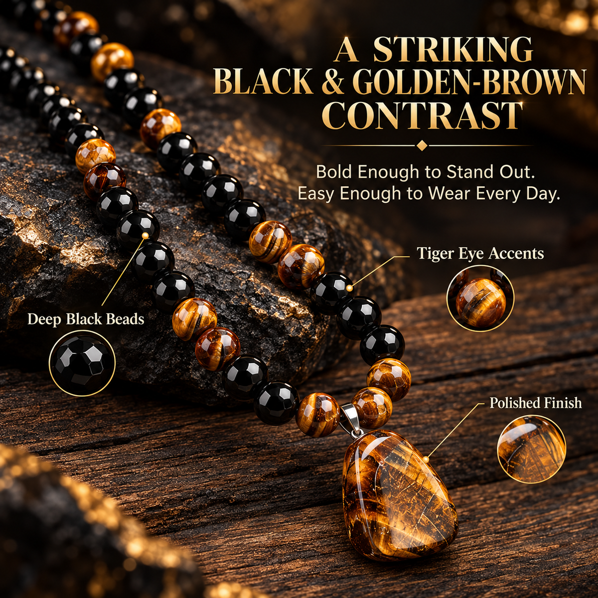 🐅🖤Tiger Eye & Black Bead Pendant Necklace