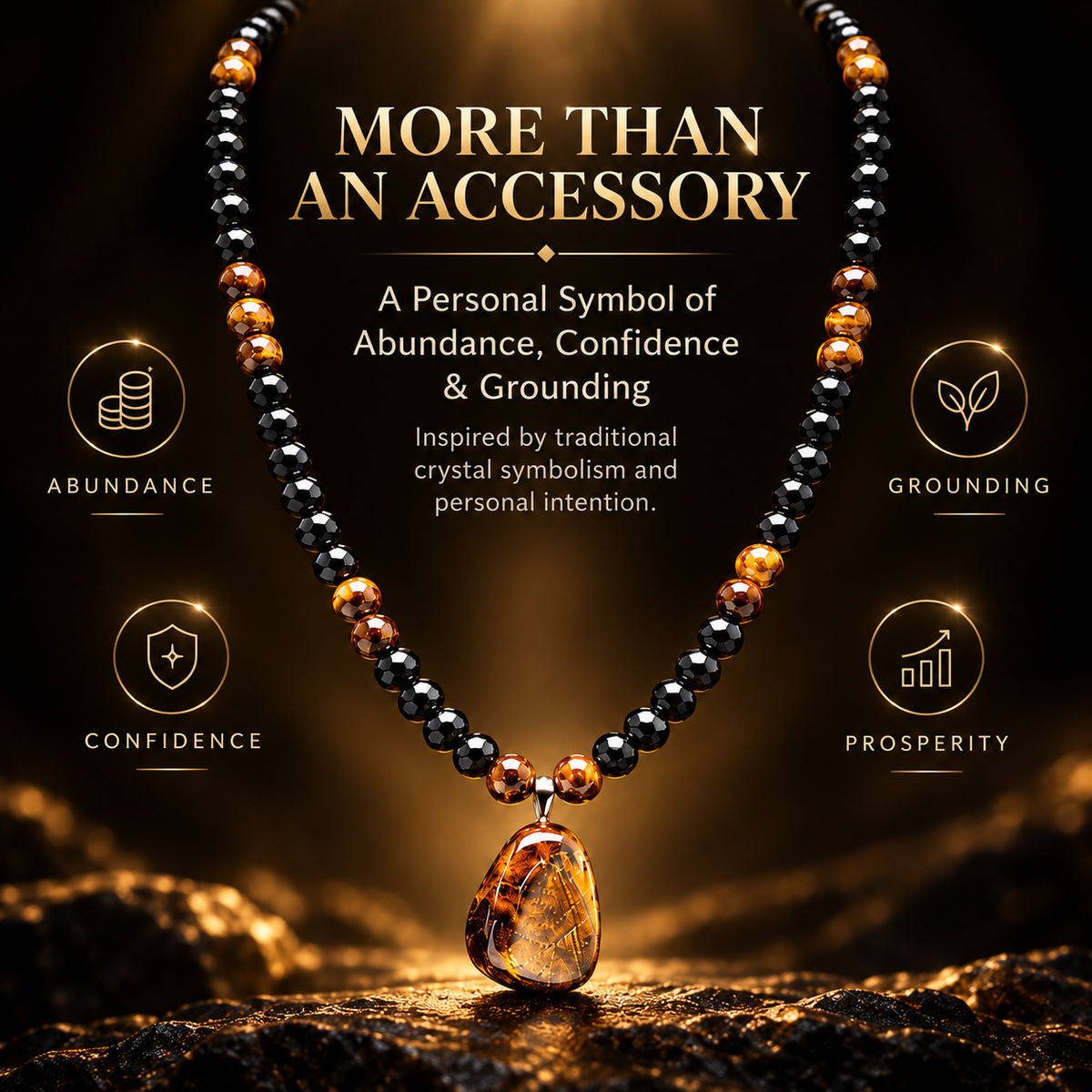 🐅🖤Tiger Eye & Black Bead Pendant Necklace