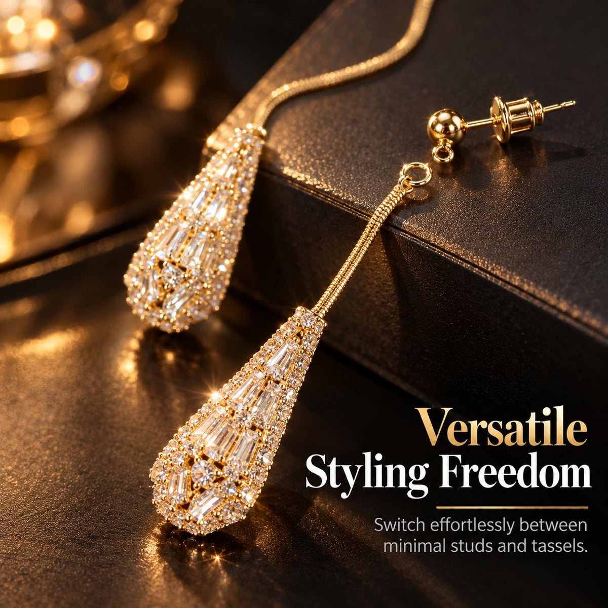 💎Elegant women's earrings with cubic zirconia – double-sided, teardrop-shaped, with tassels