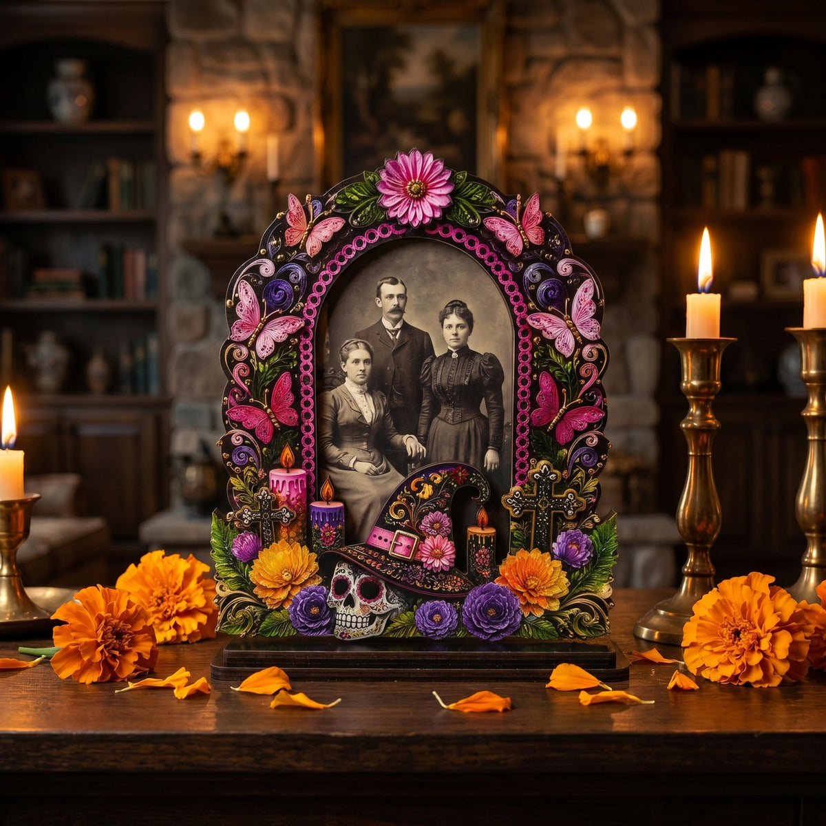 💀Day of the Dead Wooden Photo Frame - 3D Layered Altar Decoration & Gothic Memorial Gift for Loved Ones