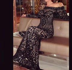 Floor-Length Long Sleeve Slash Neck Sequin Evening Gown Maxi Dress