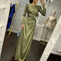 Solid Round Neck Full Sleeves Vintage Long Dress