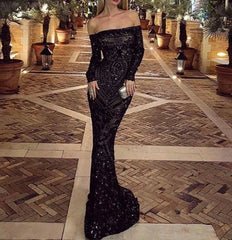 Floor-Length Long Sleeve Slash Neck Sequin Evening Gown Maxi Dress