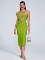 Diamonds One Shoulder Mesh Midi Dress