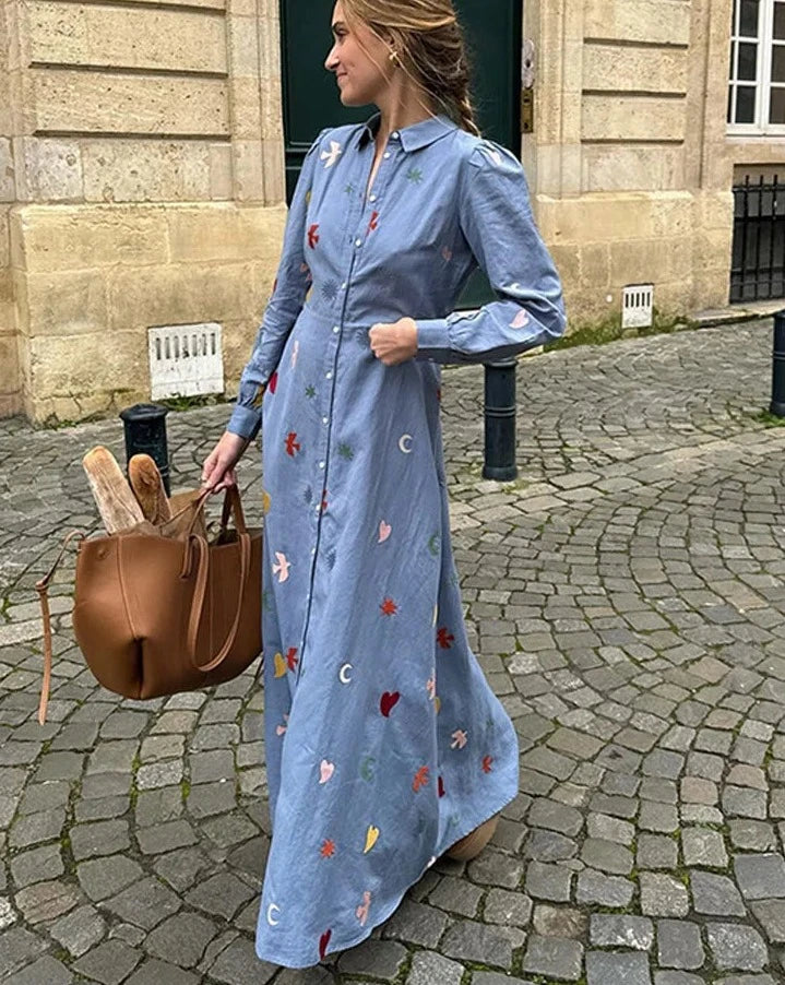 Printed Lapel Shirt Long Sleeved Maxi Dress