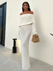 Open-Shoulder Long Sleeve Women Knitwear Dress