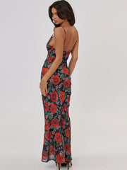 Floral Print Open-Back Long Dress For Women