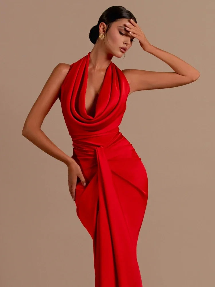 Swinging Collar Red Satin Sleeveless Maxi Dress