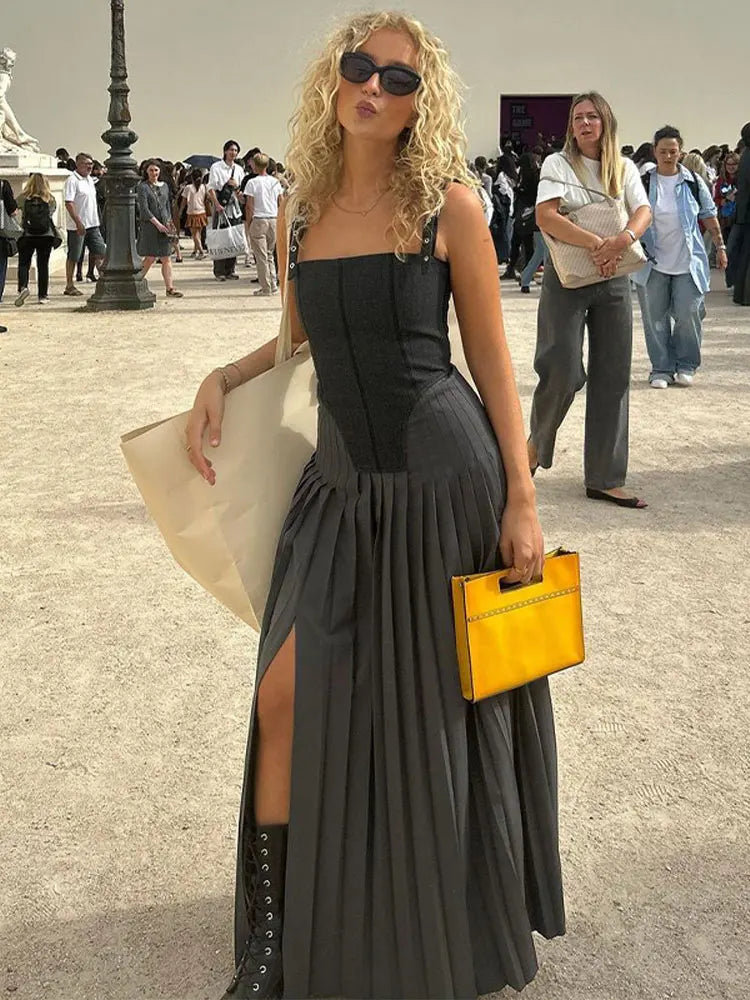 Patchwork Sling Open Back Pleated Slit Long Dresses