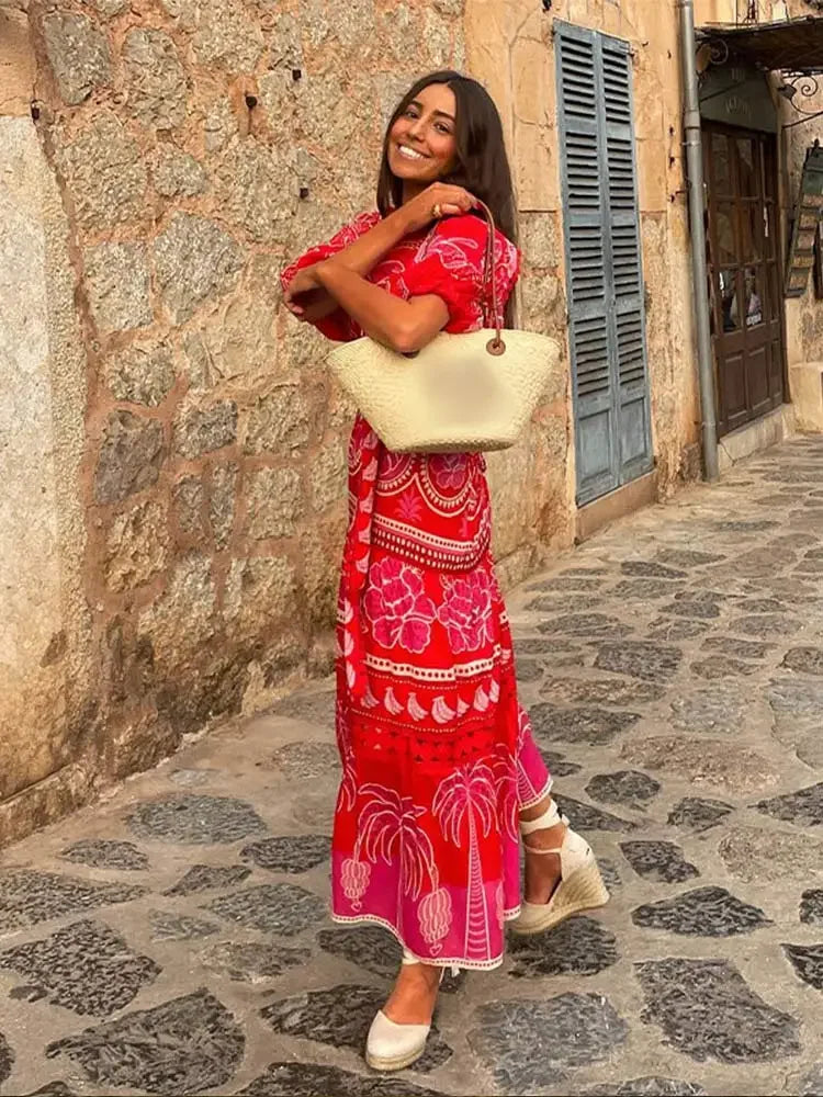 Red Print Puff Sleeve Lace Up Maxi Dress