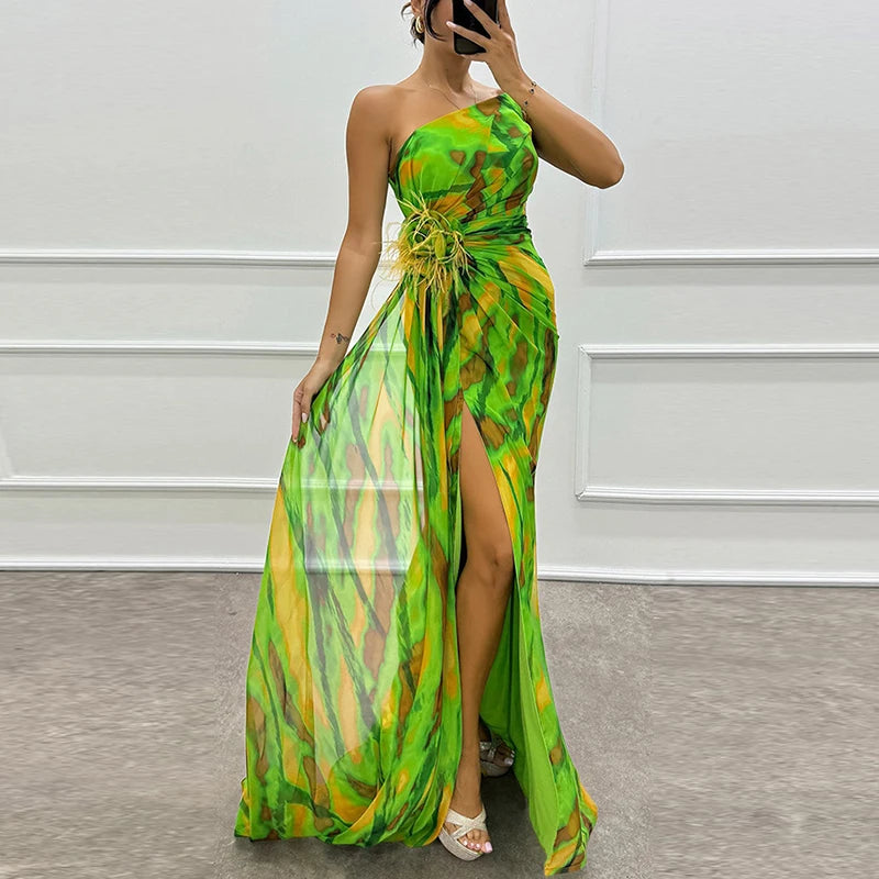 Green Printed Chiffon High Split One Shoulder Long Dress