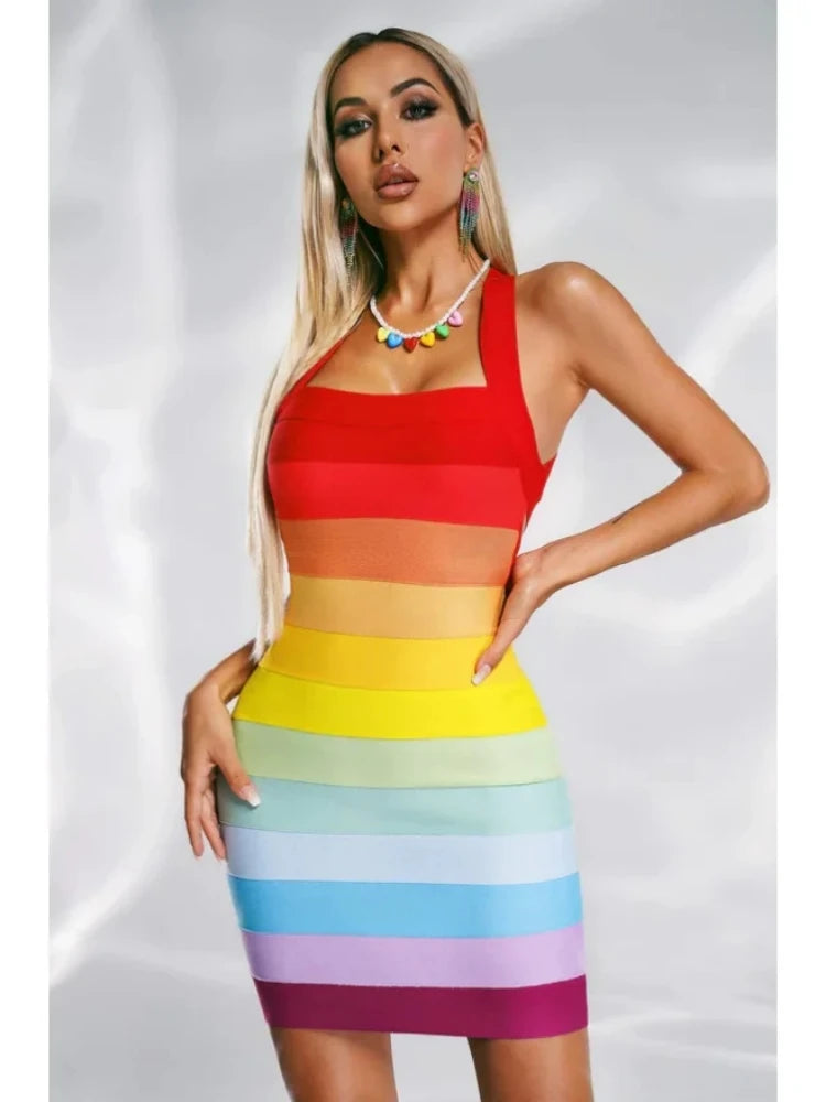 Halter Open Back Rainbow Spaghetti Strap Colorful Mini Dress