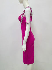 Fuchsia Diamond Crystal Spaghetti Strap Open Back Midi Dress