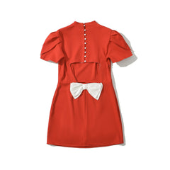 Red Short Puff Sleeve Back Bow Mini Dress