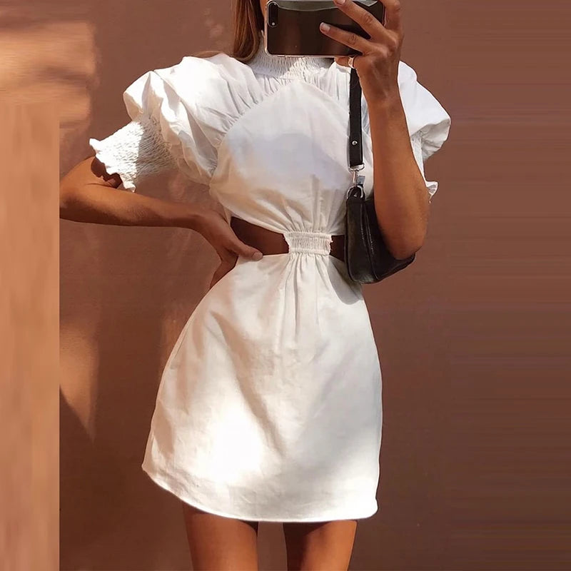 White Turtleneck Hollow Out Pleated Puff Short Sleeve Mini Dress