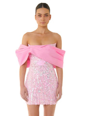 Open-Shoulder Slash Neck Mesh Sequined Pink Mini Dress 