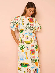 Printed Short Sleeve Empire Waist Loose Midi Drsses