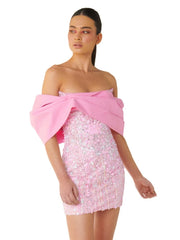 Open-Shoulder Slash Neck Mesh Sequined Pink Mini Dress 