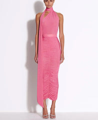 Pink Scarf Collar Bodysuit and Rhinestone Long Pencil Skirt Suit