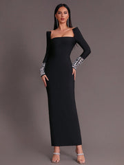 Women's Black Square Neck Long Sleeve Diamond Maxi Dress