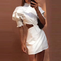 Turtleneck Hollow Out Pleated Puff Short Sleeve Mini Dress