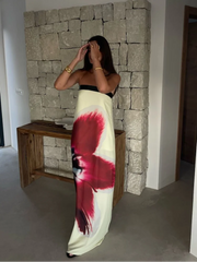 Strapless Floral Printed Long Dress With Belt