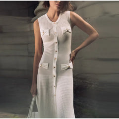 Solid Bow Buttons Knitted Sleeveless Long Dress