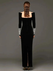 Women's Black Square Neck Long Sleeve Diamond Maxi Dress