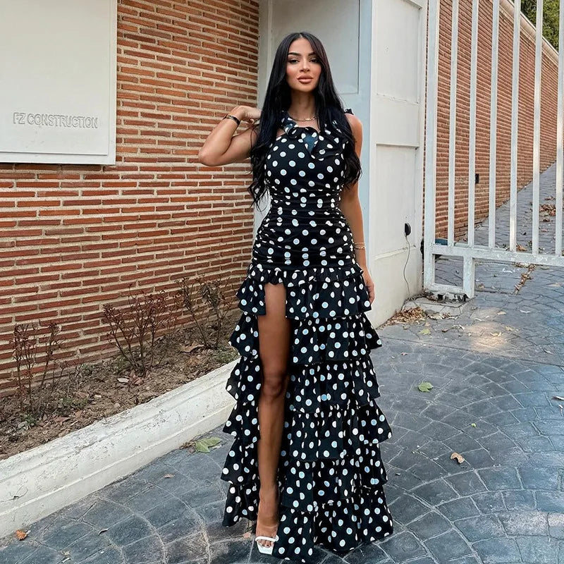 Black and White Polka dot Sleeveless Pleated High Slit Long Dress