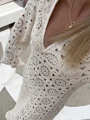 Knitted V-neck Long Sleeve Dress Drawstring Beachwear Robe