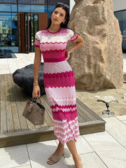 Women Contrast Knitted Round Neck Short Sleeve Midi Dress