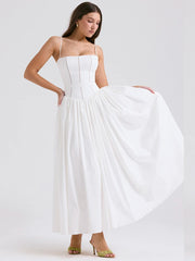 White Spaghetti Strap Open Back Sleeveless A-line Dress