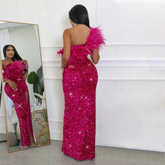 Sequined Feather One Shoulder High Side Split Maxi Dress for Women